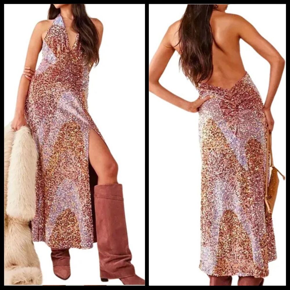 Free People Sequin Maxi Dress in Gold and Pink